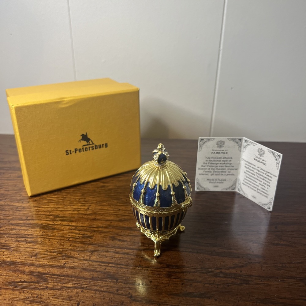 Bejeweled Egg Shape Box Hinged Magnetic Closure 3 Legs Blue Gold